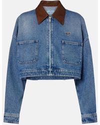 Prada - Leather-Trimmed Cropped Denim Jacket - Lyst