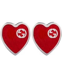 Gucci Interlocking G Heart Sterling Silver Earrings - Red