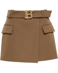 Balmain Minifalda B-buckle en lana efecto wrap - Marrón