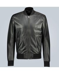 Dolce & Gabbana Leather Jacket With Branded Plate - Black