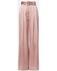 Zimmermann - Belted Pleated Silk Satin Wide-Leg Pants - Lyst