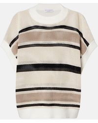 Brunello Cucinelli - Open-Knit Striped Cotton Top - Lyst