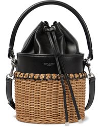 Saint Laurent Small Raffia And Leather Bucket Bag - Black