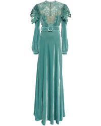 Costarellos Ashley Lace-paneled Velvet Gown - Green