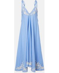 Juliet Dunn - Embroidered Cotton And Linen Chambray Midi Dress - Lyst