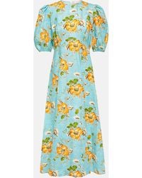 ALÉMAIS - Floral Puff-sleeve Linen Midi Dress - Lyst