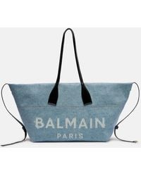Balmain - Track Leather-Trimmed Denim Tote Bag - Lyst