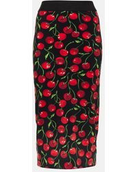 Dolce & Gabbana - Technical Jersey Calf-length Skirt With Elasticated Band With Logo And Cherry Print - Lyst