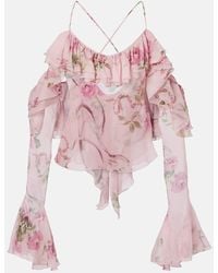 Blumarine - Ruffle-Trimmed Floral Silk Top - Lyst