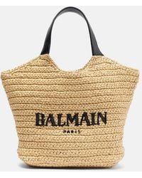 Balmain - Logo Raffia-Effect Top-Handle Bag - Lyst