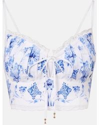 CAMILLA - Printed Lace-Trimmed Linen Bra Top - Lyst