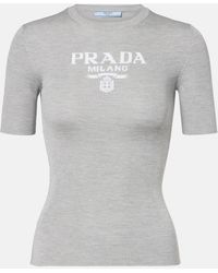 Prada - Logo Ribbed-Trim Silk T-Shirt - Lyst
