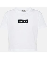 Miu Miu - T-shirt in jersey di cotone con logo - Lyst