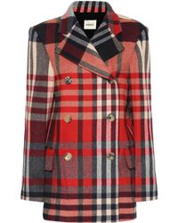 Khaite Clara Double Breasted Checked Wool Blend Coat - Red