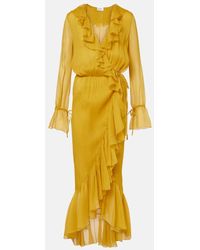 Saint Laurent - Vestido Envolvente De Crespon De Seda Con Volantes - Lyst