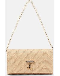 Jimmy Choo - Avenue Pearl-Trimmed Raffia Wallet On Chain - Lyst