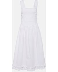 Ganni - Shirred Cotton Poplin Midi Dress - Lyst