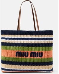 Miu Miu - Logo Embroidered Leather-trimmed Tote Bag - Lyst