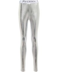 Slacks and Chinos Leggings White JW Anderson Metallic-finish Logo leggings in Silver Womens Clothing Trousers 