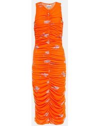 Ganni - Rose-Print Ruched Mesh Dress - Lyst