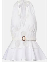 Self-Portrait - Broderie Anglaise Peplum Linen And Cotton Top - Lyst