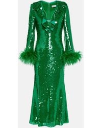 Self-Portrait - Feather-trimmed Sequined Midi Dress - Lyst