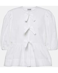 Ganni - Bow-Detail Cotton Poplin Blouse - Lyst