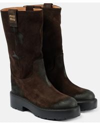 Miu Miu - Logo Suede Ankle Boots - Lyst