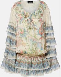 Etro - Printed Ruffled Lace-Trimmed Silk Minidress - Lyst