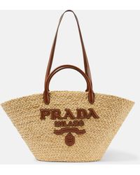Prada - Logo Leather-trimmed Raffia Basket Bag - Lyst