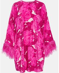 Valentino - Floral Feather-trimmed Silk Minidress - Lyst