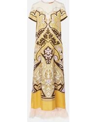 La DoubleJ - Printed Feather-Trimmed Silk Maxi Dress - Lyst