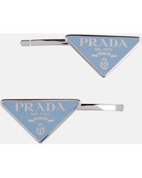 Prada - Logo-plaque Silver-toned Metal Hair Clips Set Of Two - Lyst