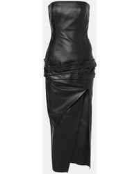 The Attico - Draped Strapless Leather Midi Dress - Lyst