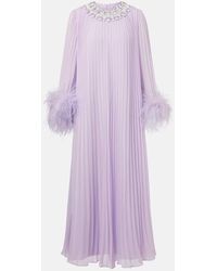 Self-Portrait - Feather-Trimmed Plisse Chiffon Midi Dress - Lyst
