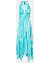 PUCCI - Printed Silk Twill-Trimmed Crepe-Jersey Halterneck Midi Dress - Lyst