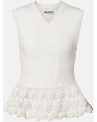 Ganni - Crochet-Trimmed Ribbed Cotton-Blend Top - Lyst