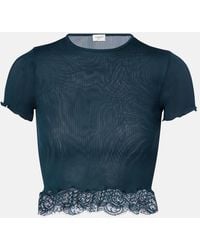 Saint Laurent - Lace-Trimmed Cropped Silk T-Shirt - Lyst