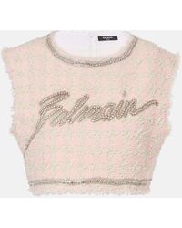 Balmain - Cropped-Top Aus Boucle Mit Kristallen - Lyst
