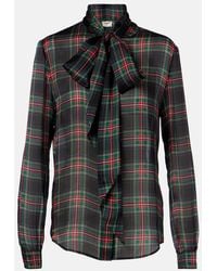 Saint Laurent - Pussy-Bow Checked Silk-Chiffon Blouse - Lyst