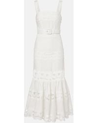 Self-Portrait - Midikleid Aus Leinen Und Baumwolle Mit Spitze - Lyst