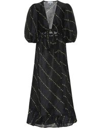 Ganni Midikleid mit geblümten Streifen - Schwarz
