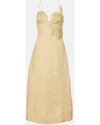 FARM Rio - Sand Floral-Applique Linen Midi Dress - Lyst
