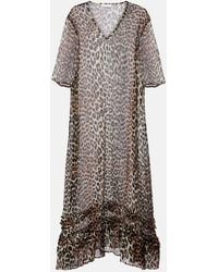 Ganni - Leopard-Print Sheer Chiffon Midi Dress - Lyst