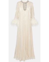 Self-Portrait - Feather-Trimmed Silk-Blend Maxi Dress - Lyst
