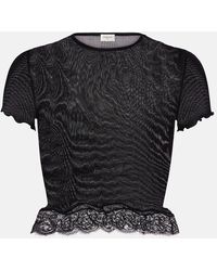 Saint Laurent - Cropped Lace-Trimmed Ribbed Silk Top - Lyst