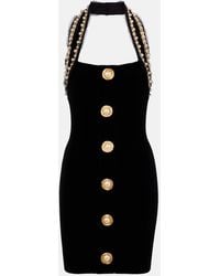 Balmain - Minikleid Aus Samt Mit Zierperlen - Lyst
