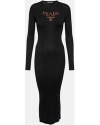 Prada - Logo-Print Silk Midi Dress - Lyst