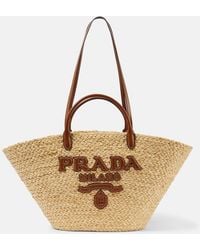Prada - Large Leather-Trimmed Raffia Basket Bag - Lyst