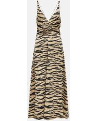 Ganni - Tiger-print Satin Midi Dress - Lyst